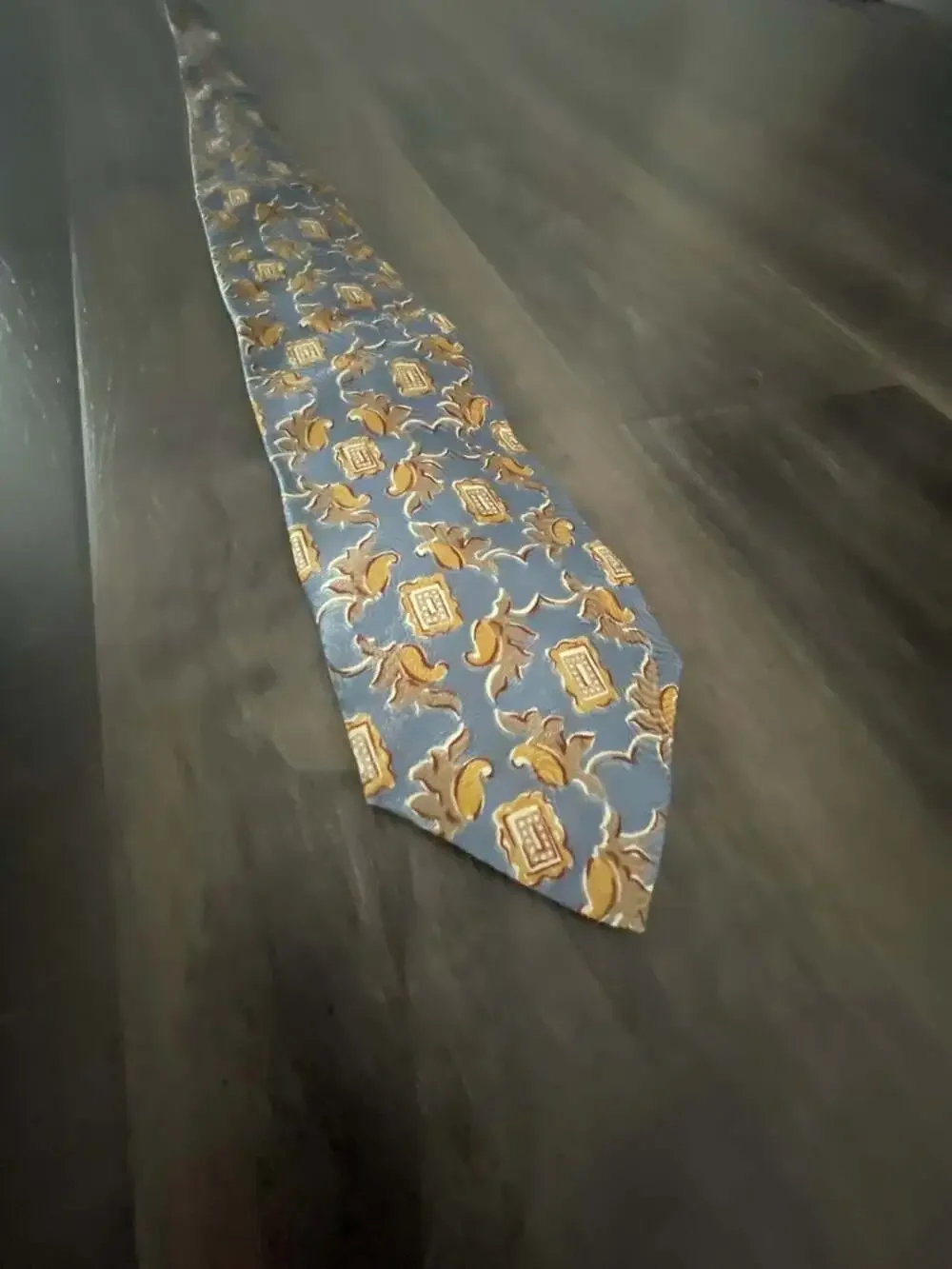 Joseph Abboud Blue and Gold Medallion Pattern Silk Necktie
